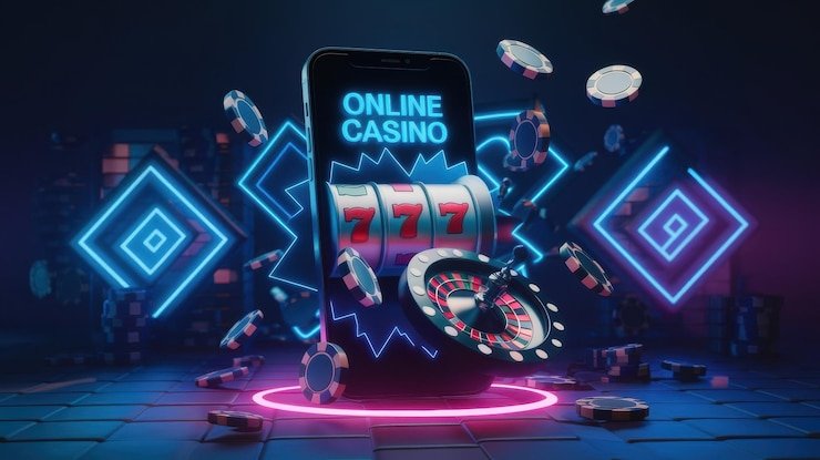 Ilustrasi meja permainan casino dengan kartu, chip, dan roda roulette dalam suasana elegan